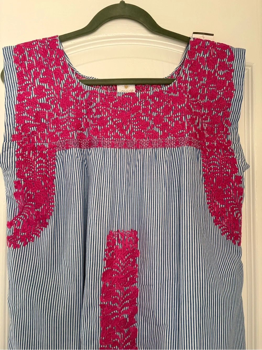 j.marie Shift Dress Women's S Blue/White Striped Pink Embroidery Round Neck - Picture 2 of 5